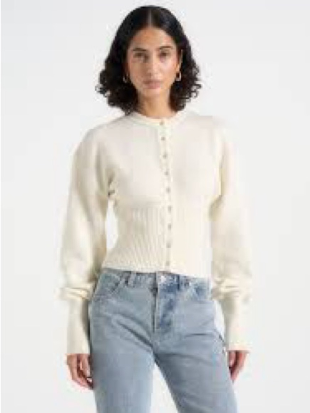 Cream Button-Front Ribbed Waist Knit Top - Picture 7 of 16